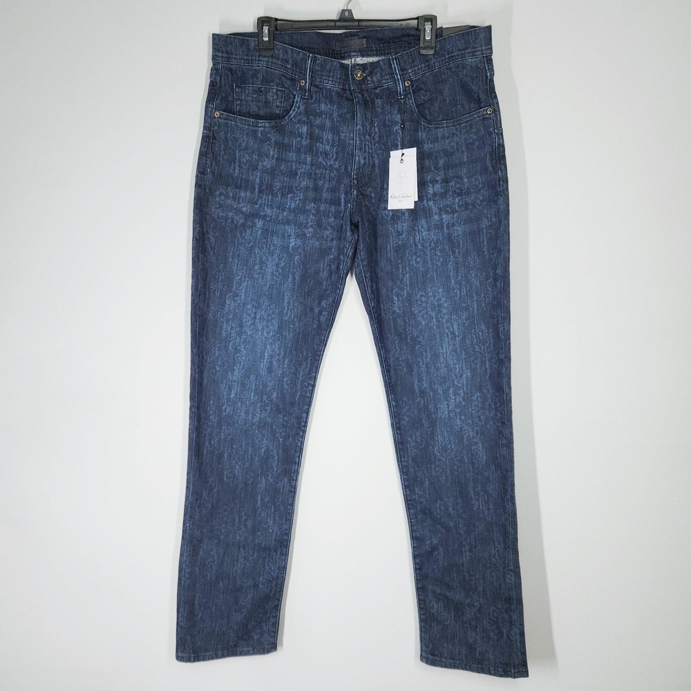 Robert Graham The Perfect Fit Jeans Mens 36x32 Dark Indigo Floral Stretch Denim